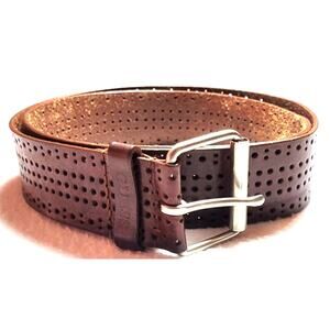 Guess Mens Brown Punched Wide Leather Belt Sz 40 Western Silvertone Buckle